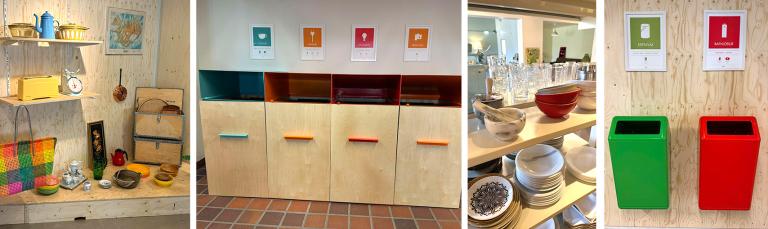 Three composite images of drop-off boxes for circular materials and items.