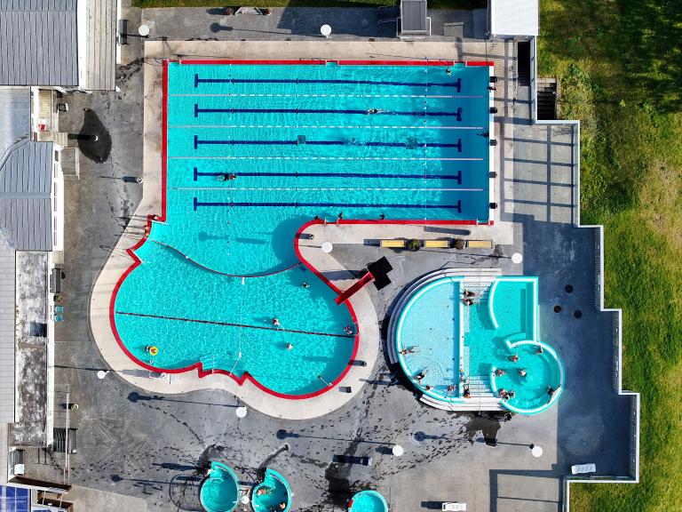 Aerial view of Vesturbæjarlaug swimming pool in summer