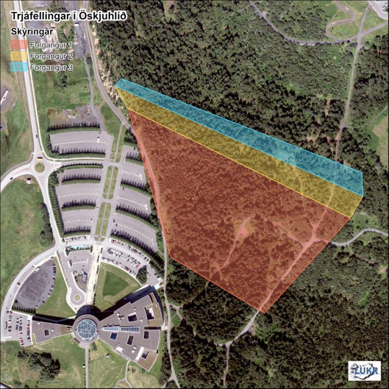 Map showing priority zones for tree removal in Öskjuhlíð