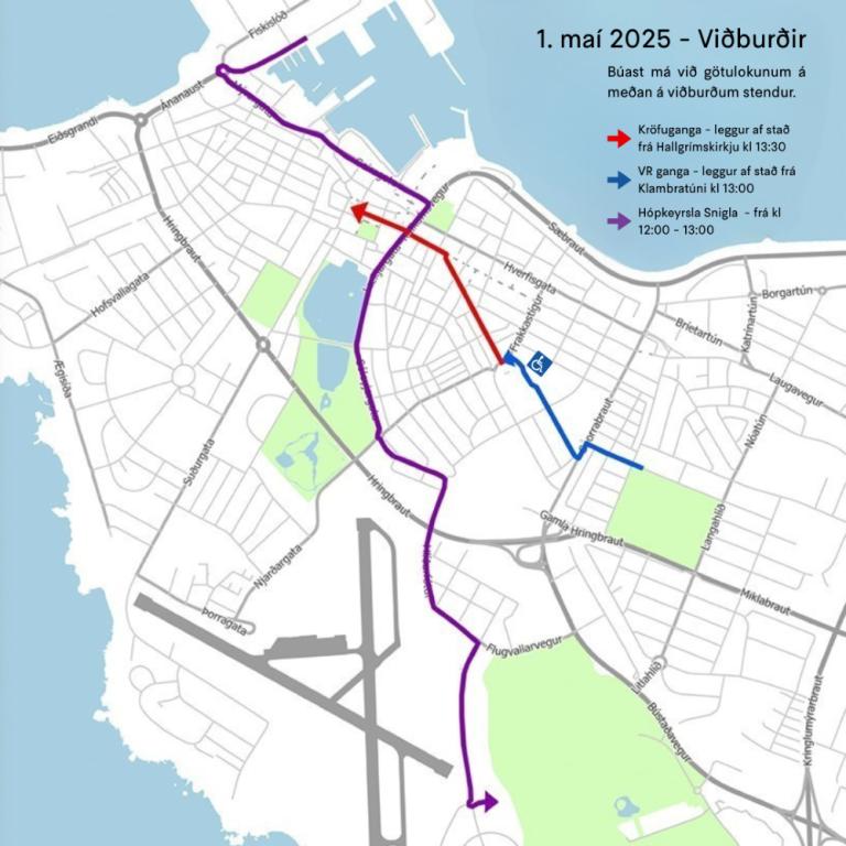 Kort yfir lokanir vegna 1. maí 2025