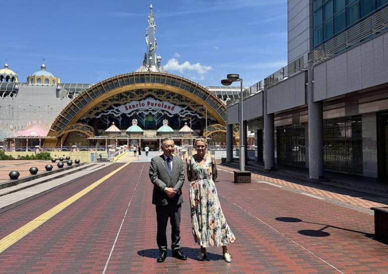 The mayors in front of Sanrio headquarters, makers of Hello Kitty, in Tama City