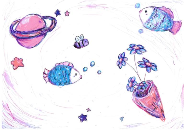 Evelyn Auður Atladóttir, an 8th-grader at Víkurskóli, submitted an artwork showing flowers, a fish, and a planet.