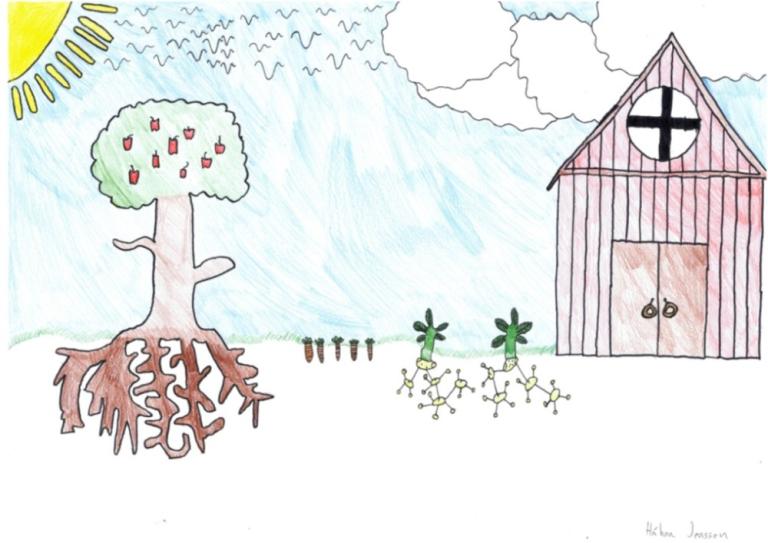 A drawing by Hákon Jensson, a 9th-grader at Víkurskóli, features a house, trees, and roots.