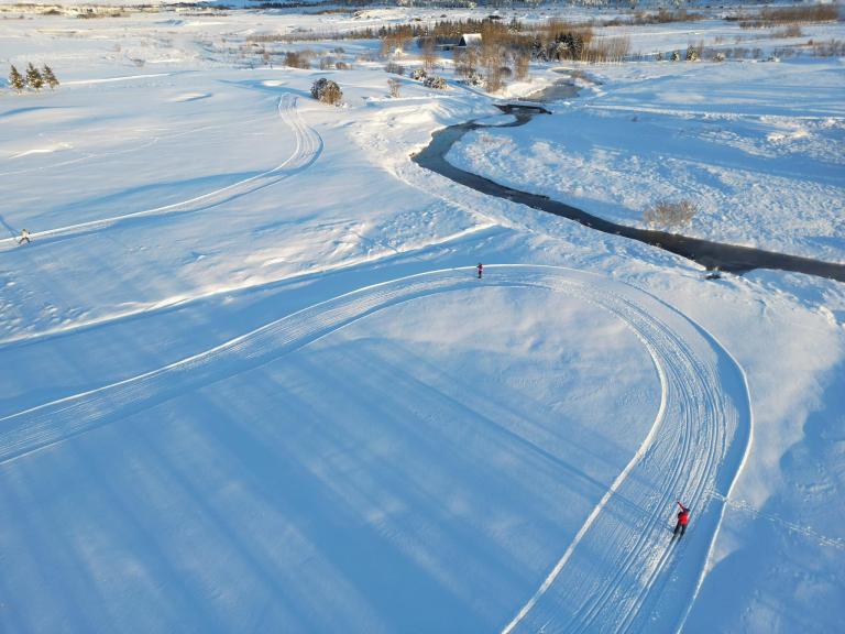 Aerial view of a cross-country skiing trail in the Reykjavík area.