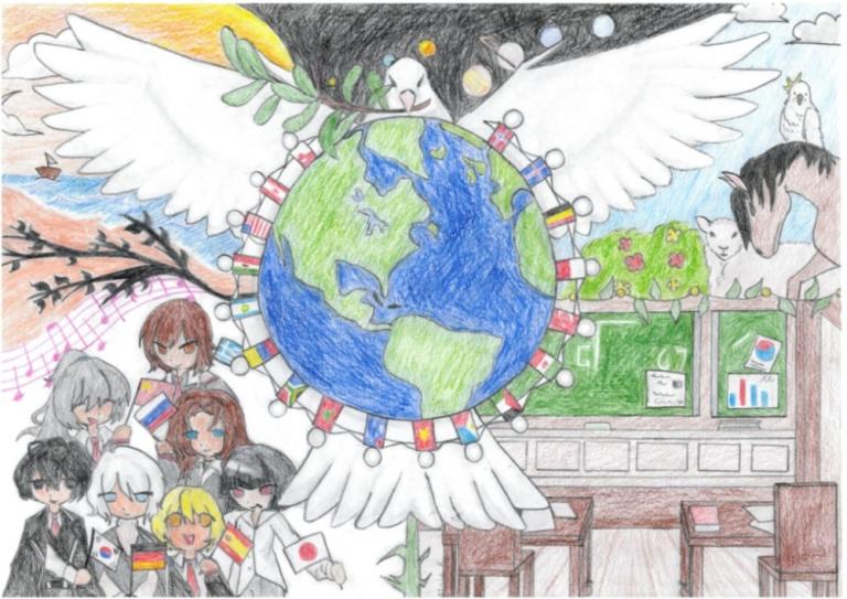 Maia Charlisse, a 9th-grader at Foldaskóli, created a piece that shows the world, people with flags, and a classroom. Her artwork depicts the world, people with flags, and a classroom.