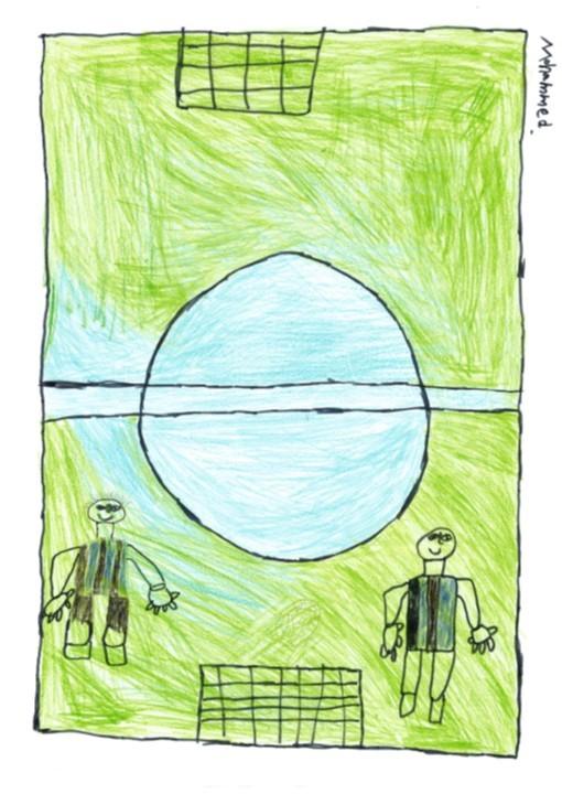 Mohammad H.S. Albayyouk, a student in Seljaskóli's intake unit, created this artwork of children playing soccer.