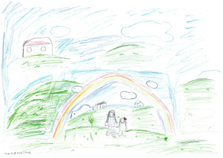 A piece by Valentia Khanh Vy Ho in 3rd grade at Foldaskóli. Her work shows two children under a rainbow.
