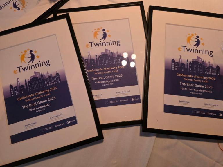 Photo of the awards for the Boat Games presented by the Icelandic Center for Research and Erasmus+.