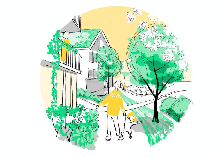 Drawing of people walking on a sidewalk along a tree-lined street.