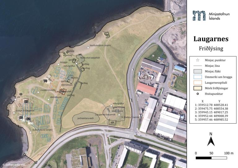Kort sem sýnir Laugarnestanga vegna friðlýsingar svæðisins