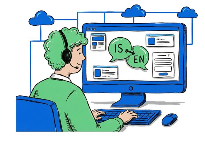 Teiknuð mynd. Manneskja með grænt hár og í grænum fötum situr við tölvuskjá þar sem fjallað er um þýðingar milli ensku og íslensku. Blár litur ríkjandi.