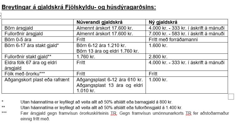 Tafla sem sýnir breytingar á gjaldskrá Fjölskyldu- og húsdýragarðs
