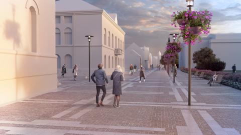 Þrívíddarteikning af breytingum á Kirkjustræti við Alþingishúsið að degi.