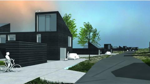 Teikning af húsi, götum og trjám.