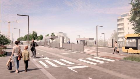 Teikning af götu og hjólastíg við Suðurlandsbraut. Almenningsvagn og fólk á gangi.