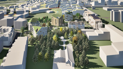 Teikning af svæðinu með húsum og gróðri.