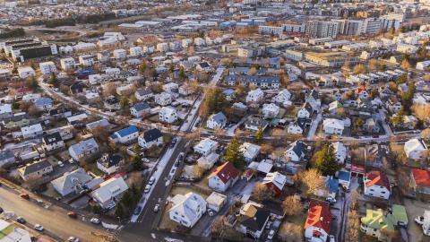 Aerial photo of the city, with Nökkvavogur and nearby streets in the foreground.