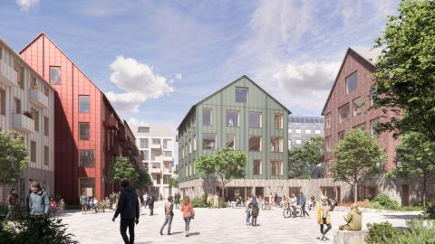 Grafísk teiknuð mynd af fyrirhuguðu útliti almenningstorgs á Kringlureit