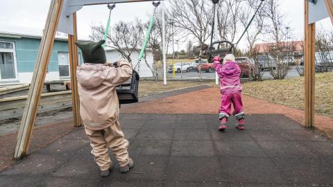 Tvö leikskólabörn á leikskólalóð að leika sér í rólum. Eru í pollagalla, halda í sitthvora róluna og snúa baki í myndavélina.