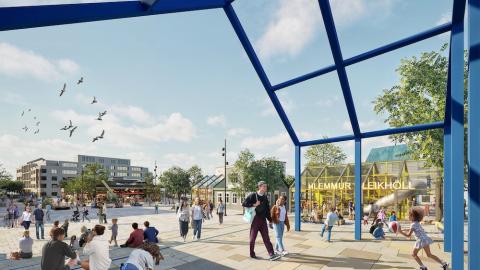 Teiknuð mynd frá Hlemmi með fólki og byggingum.