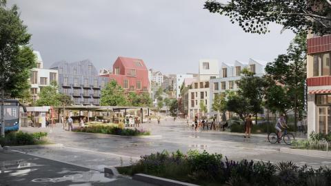 Teiknuð mynd af húsum og torgi.