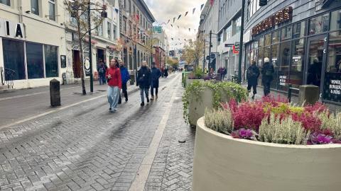 People walking on a street, plants in planters.