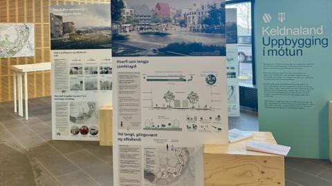 sýningarspjöld með myndum í sal