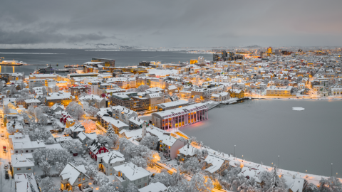 Ráðhúsið og Tjörnin ásamt nánasta umhverfi úr lofti í miklum snjó