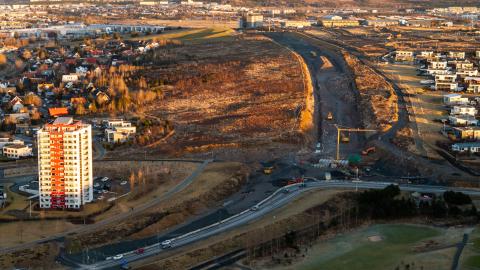 Aerial view of the road and buildings.