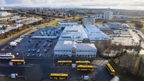 Mjódd, aerial view. Buses and the front of the bus station in the foreground