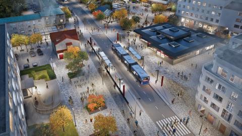 Teiknuð mynd af Hlemmi eftir framkvæmdir.