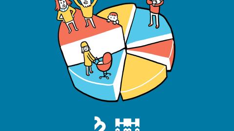 Teiknuð mynd af fólki standandi á kökum í kökuriti. Marglituð kaka, blátt umhverfi. Neðst eru merki Reykjavíkurborgar og Borgarbókasafnsins