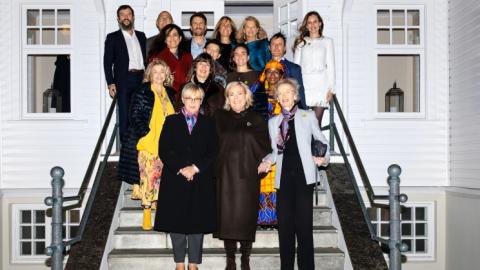 A group of international leaders on the steps of Höfði yesterday afternoon