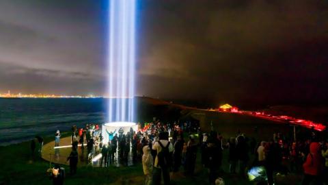 Imagine Peace Tower lit on Viðey on John Lennon's birthday 
