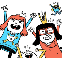 Illustration of Fjóla celebrating with other kids