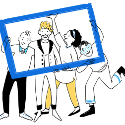 Illustration of four people holding and looking through frames.