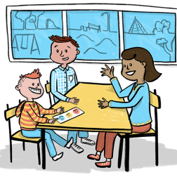 Illustration of a child, teacher and parent sitting together at a table. 