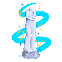 Teikning af verðlaunagrip Skrekks.