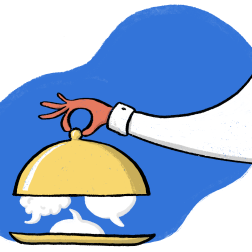 Blue background, hand lifting lid off tray to reveal speech bubbles.